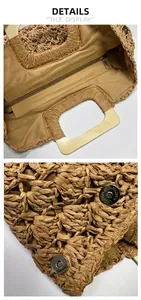 Detailed view of the straw woven bag interior lining and magnetic closure