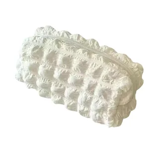 Cute white textured cream puff pencil case with large capacity and zipper closure