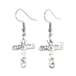 Unique Amazing Grace stainless steel hollow cross earrings with minimalist silver finish