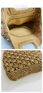 Detail of large straw woven beach bag showing interior zip pocket and woven texture.