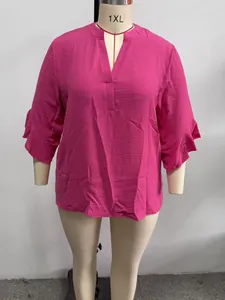 Magenta plus size V-neck blouse with tiered ruffle three-quarter sleeves