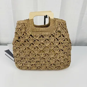 Women Large Capacity Hand Woven Paper Straw Tote Bag With Square Wooden Handle Vintage Summer Beach Handbag Bohemian Travel Shoulder Bag