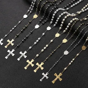 Religious Stainless Steel Rosary Necklace For Men Women Cross Pendant Virgin Mary Medal Bead Chain Gold Silver Fashion Jewelry Gift