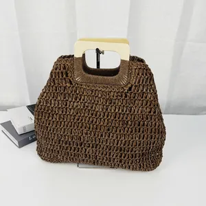 Large capacity vintage straw woven beach bag with rectangular wooden handles and retro design