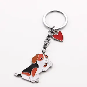 Cute waving beagle dog keychain with red heart charm in zinc alloy