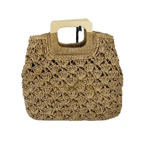 Retro hand-woven straw beach bag with elegant wooden handles