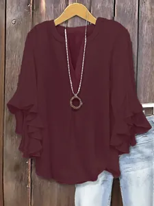 Maroon V-neck blouse featuring elegant tiered ruffle sleeves and a loose casual fit.