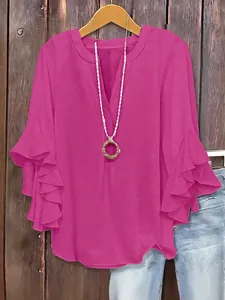 Women's Plus Size Solid Color Loose Blouse Casual V-Neck Ruffle Three-Quarter Sleeve Fashion Woven Polyester Top For Office Lady