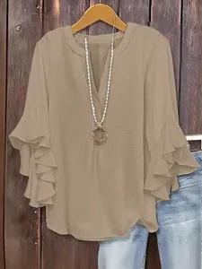Solid color loose casual blouse with ruffle three-quarter sleeves and V-neckline