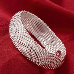 Korean Fashion Silver Plated Mesh Woven Bangle For Women Elegant Wide Mesh Bracelet Fashion Jewelry Accessory Gift