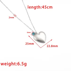 Detailed dimensions of stainless steel heart locket necklace with blue zircon
