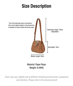 Handmade paper rope woven crossbody bag size chart showing dimensions and strap length