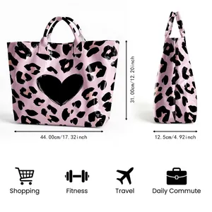 Grote waterdichte roze luipaard print tote tas met afmetingen en gebruiksiconen