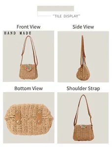 Handmade woven paper rope crossbody bag with colorful flap shown in multiple display angles