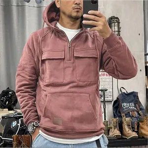 Men's dusty rose quarter-zip hooded sweatshirt with tactical multi-pocket design