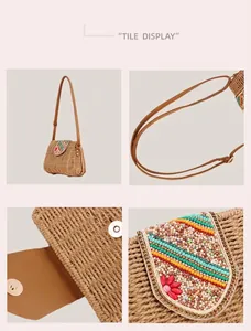 Detailed view of bohemian paper rope woven bag with colorful beadwork and brown strap