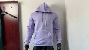Front view detail of a lavender purple men's drawstring pullover hoodie on a mannequin