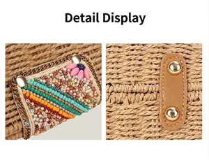 Detailed macro view of colorful beadwork and gold hardware on woven paper rope bag