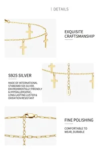 Close-up detail views of S925 sterling silver anklet with cross charms and 14K gold plating