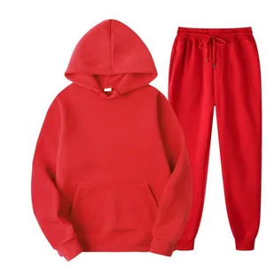 Detailed view of premium solid red men's hooded sweatshirt and matching joggers set