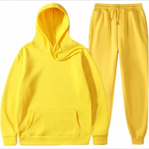 Bright yellow men's hooded sweatshirt and matching sweatpants sports tracksuit set.