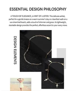 Detail view of S925 silver gold-plated anklets with cross charms and paperclip chain