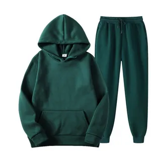 Dark green men's athletic hoodie and matching sweatpants set on a white background