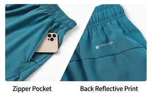 Close-up showing zipper pocket and reflective logo on men's blue quick-dry shorts