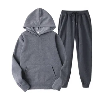 Detailed view of gray two-piece men's hoodie and joggers casual sportswear set.