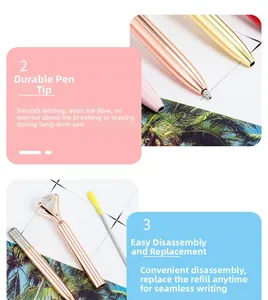 Detailed view of metal ballpoint pen showing durable nib and elegant diamond top.