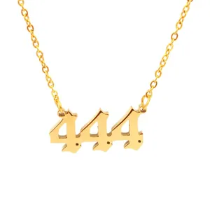 Detailed view of a gold stainless steel necklace with 444 angel number pendant.