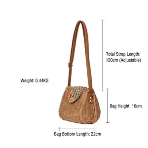 Hand-woven paper rope crossbody bag with colorful embroidered flap and adjustable strap