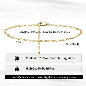 Delicate 14K gold plated S925 sterling silver anklet with 2-inch extension chain