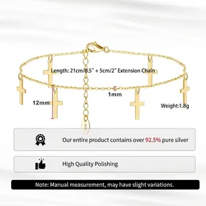 Elegant S925 sterling silver anklet featuring cross charms and 14K gold plating finish.