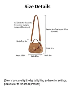 Detailed size guide for handmade paper straw woven shoulder bag for beach vacations.