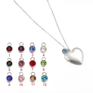 Stainless steel heart locket necklace with 12 colorful birthstone charm options for women