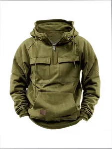 Sudadera táctica para hombre verde militar con múltiples bolsillos y media cremallera