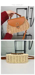 Detailed macro view of a vintage paper rope woven beach bag with a brown leather flap