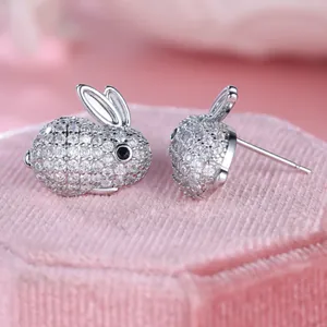 Boucles d'oreilles lapin en argent avec pierres étincelantes pour femmes et enfants