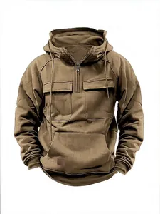Men's solid color hooded sweatshirt featuring multi-pockets and a leather patch