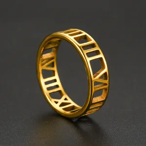 Detailed close-up view of gold stainless steel ring featuring Roman numeral cutouts