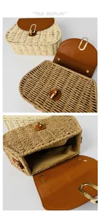 Detail view of woven paper rope straw beach bag with leather flap and interior lining