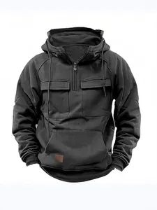 Men's solid color hooded sweatshirt with multi-pockets and half-zip design