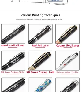 Detailed view of various custom printing and engraving options for metal ballpoint pens.