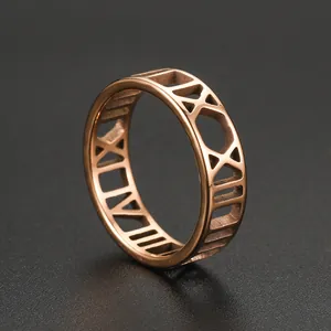 Detailed macro view of rose gold stainless steel ring with Roman numeral cutouts