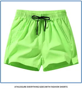 Neon green men's quick-dry athletic shorts with drawstring waist for gym running