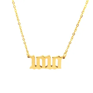 Close-up of a stylish gold stainless steel angel number 111 pendant necklace choker