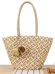 Women Large Capacity Paper Rope Woven Tote Bag Casual Vacation Summer Shoulder Bag With Pom-poms Grid Pattern Handbag