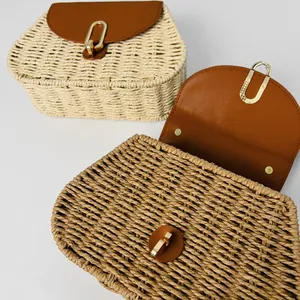 Vintage paper rope straw woven beach bag with brown leather flap for women's summer vacation