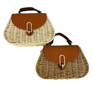 Vintage woven straw beach bag for women with leather flap and gold buckle detail